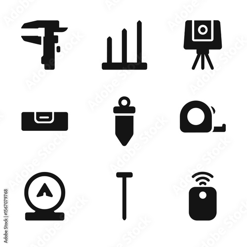Erosion Tools Icons. Solid, filled icon set of erosion measurement tools: caliper, erosion pins, laser scanner, water level,