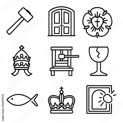 Reformation Icon Set. Outline icon set of the Reformation and schisms: Luther’s hammer, Wittenberg door, Protestant rose, papal
