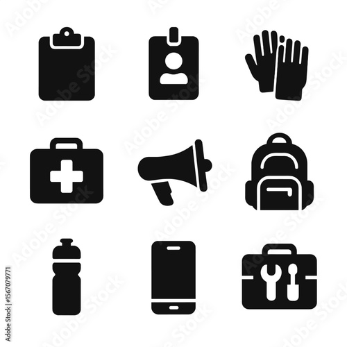 Volunteer Tool Icons. Solid, filled icon set of volunteer tools and gear: clipboard, ID badge, gloves, first aid kit, megaphone,
