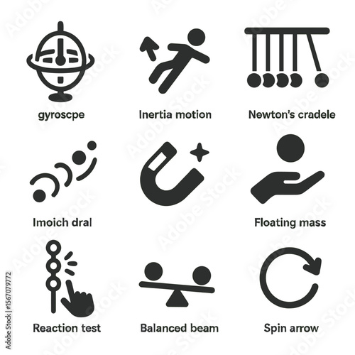 Zero Gravity Physics Icons. Solid, filled icons set of physics demonstrations in zero gravity: gyroscope,