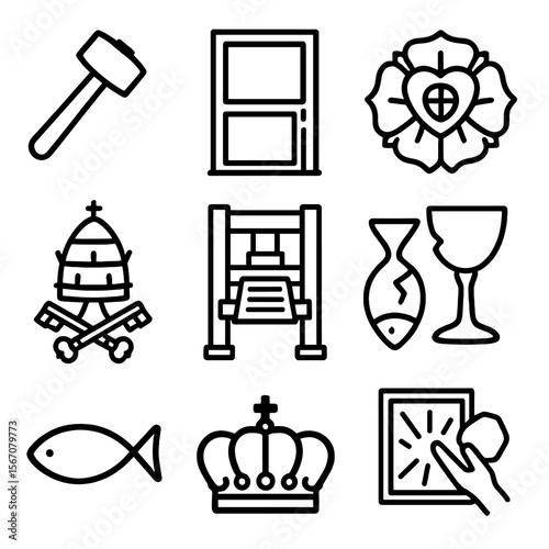 Reformation Icon Set. Outline icon set of the Reformation and schisms: Luther’s hammer, Wittenberg door, Protestant rose, papal