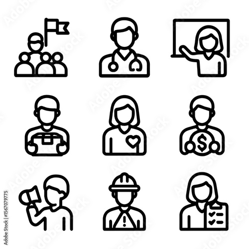 Volunteer Roles Icons. Solid, filled icon set of volunteer roles: team leader, medical aid, educator, logistics coordinator,