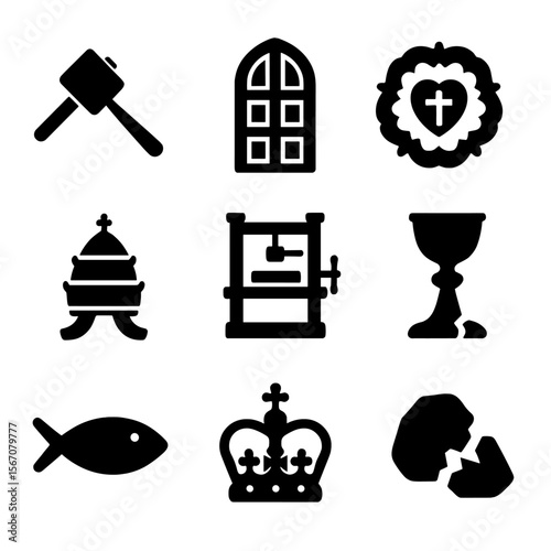 Reformation Icon Set. Solid, Filled icon set of the Reformation and schisms: Luther’s hammer, Wittenberg door, Protestant rose,