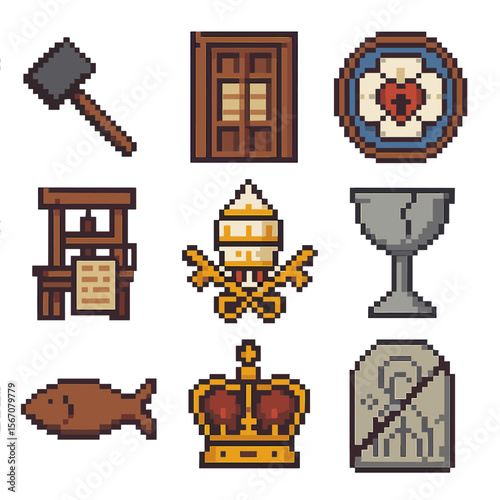 Reformation Icon Set. Pixel art icon set of the Reformation and schisms: Luther’s hammer, Wittenberg door, Protestant rose, papal