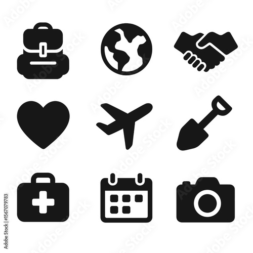 Volunteer Tourism Icons. Solid, filled icon set of elder companionship programs: helping hand, clipboard list, caregiver icon,