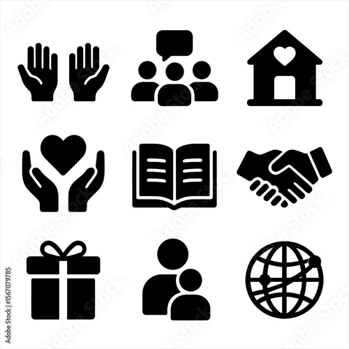 Volunteer Icon Set. Solid, filled icon set of Volunteer and community support: helping hands, group discussion, community center,