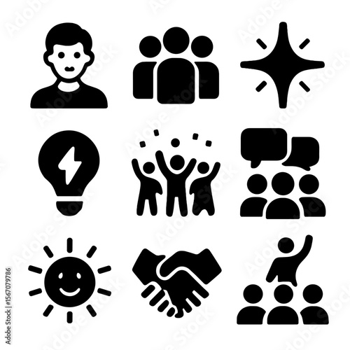 Youth Engagement Icons. Solid, filled icons set of youth and social engagement: youth icon, group icon,