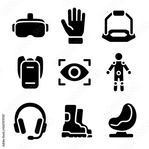 VR Gear Icon Set. Solid, filled icon set of virtual reality gear: VR headset, motion gloves, 360 treadmill, VR backpack, eye