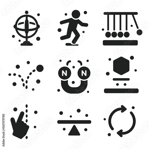 Zero Gravity Physics Icons. Solid, filled icons set of physics demonstrations in zero gravity: gyroscope,
