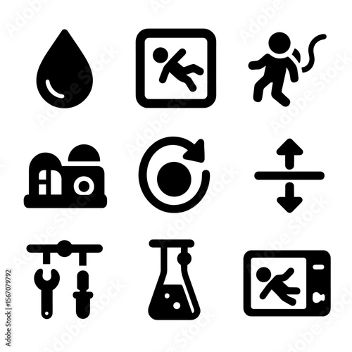 Zero Gravity Icons. Solid, filled icons set of zero gravity experiments: floating droplet, microgravity