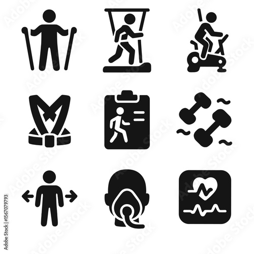 Zero-G Exercise Icons. Solid, filled icons set of zero-G exercise routines: resistance band, treadmill straps,