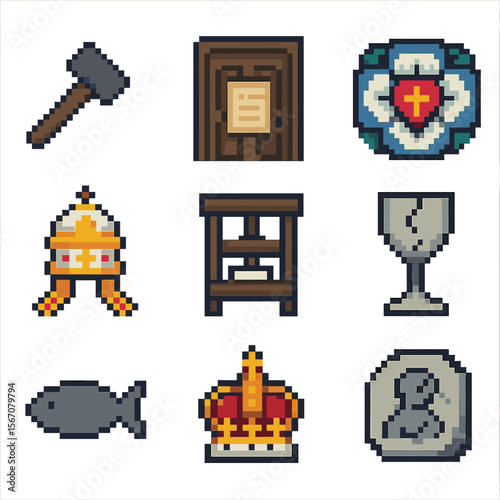 Reformation Icon Set. Pixel art icon set of the Reformation and schisms: Luther’s hammer, Wittenberg door, Protestant rose, papal