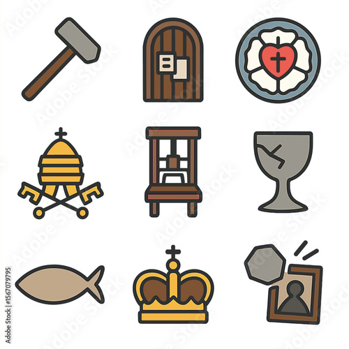 Reformation Icon Set. Flat icon set of the Reformation and schisms: Luther’s hammer, Wittenberg door, Protestant rose, papal tiara