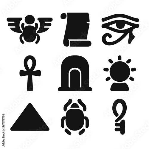 Egyptian Symbols Icon Grid. Solid, filled icon set of scarab symbolism: winged scarab, ancient scroll, Egyptian eye, ankh, tomb,