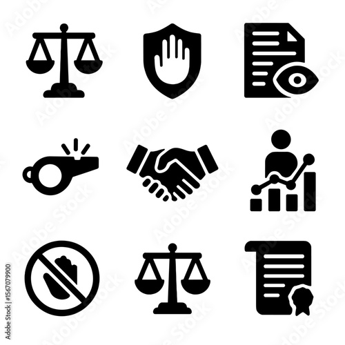 Ethical Politics Icons. Solid, filled icon set of ethical behavior in politics: scales of justice, honesty badge, transparency