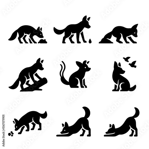 Fox Behavior Icons. Solid, filled icon set of fox behaviors: hunting mouse, marking territory, digging den, climbing log, tail