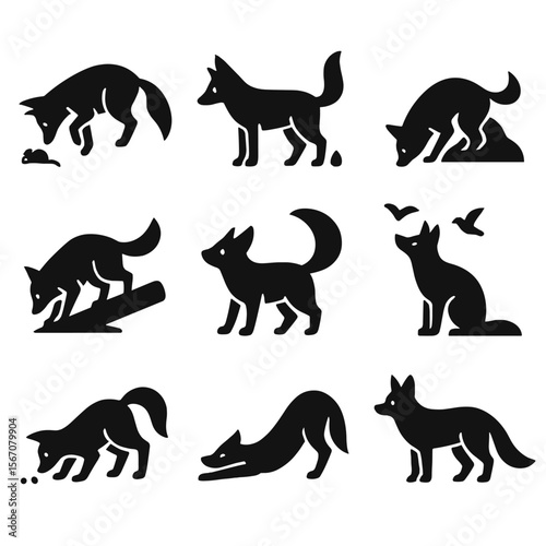 Fox Behavior Icons. Solid, filled icon set of fox behaviors: hunting mouse, marking territory, digging den, climbing log, tail