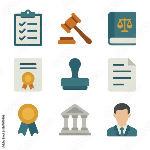Regulatory Compliance Icons. Flat icon set of regulatory compliance: checklist, gavel, law book, certificate seal, audit stamp,
