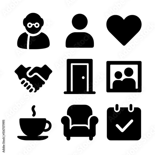 Elderly Care Icons. Solid, filled icon set of elderly care visits: senior person, visitor icon, heart symbol, handshake, home door