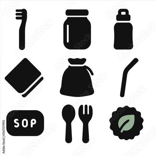 Zero-Waste Icons Grid. Solid, filled icons set of zero-waste lifestyle choices: bamboo toothbrush, glass jar,