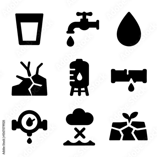 Water Scarcity Icons. Solid, filled icon set of water scarcity symbols: empty water glass, dry faucet, water droplet, cracked
