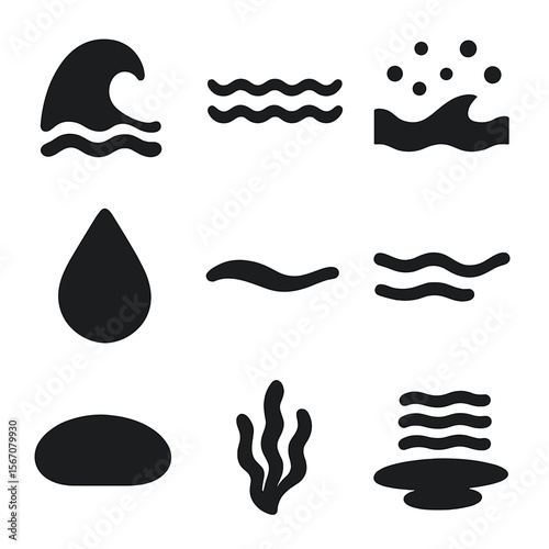 Wave Icon Set. Solid, filled icon set of gentle waves: wave crest, ripple pattern, foam line, water droplet, shoreline curve, tide