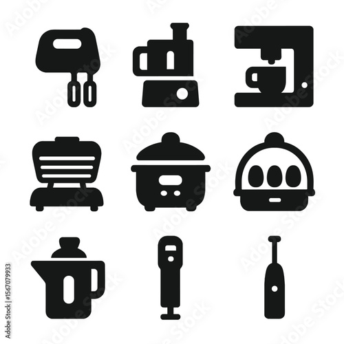 Electric Gadget Icons. Solid, filled icon set of electric kitchen gadgets: hand mixer, food processor, coffee machine, electric