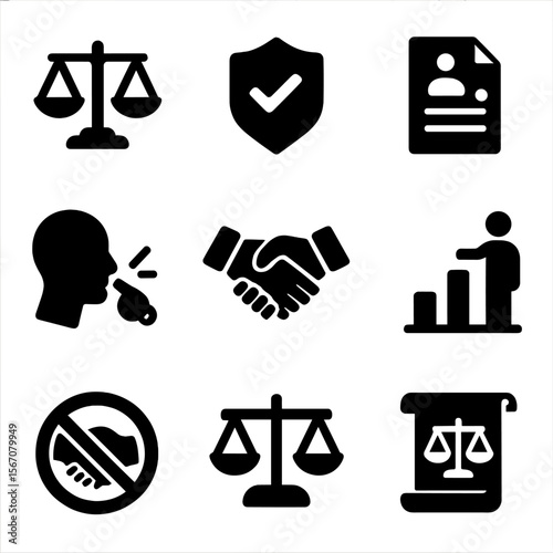 Ethical Politics Icons. Solid, filled icon set of ethical behavior in politics: scales of justice, honesty badge, transparency