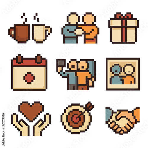 Relationship Icon Set. Pixel art icon set of relationship building: coffee cup meeting, shared activity icon, gift box, calendar