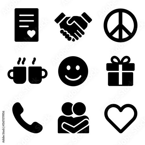 Friendship Icons Grid. Solid, filled icon set of friendship rebuilding: apology letter, handshake, peace symbol, shared coffee,
