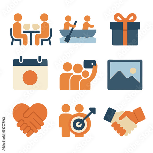 Relationship Icons Grid. Flat icon set of relationship building: coffee cup meeting, shared activity icon, gift box, calendar date