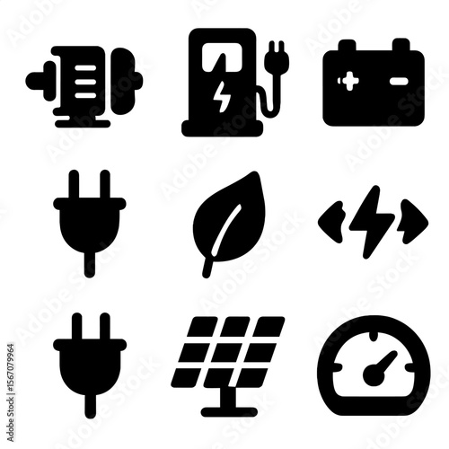 Electric Vehicle Icons. Solid, filled icon set of electric autonomous vehicles: electric motor, charging station, battery pack,
