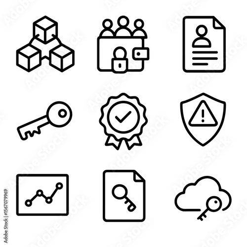 Blockchain Security Icons. Outline icon set of blockchain security and compliance: blockchain lock, multi-signature wallet, KYC