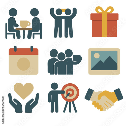 Relationship Icons Grid. Flat icon set of relationship building: coffee cup meeting, shared activity icon, gift box, calendar date
