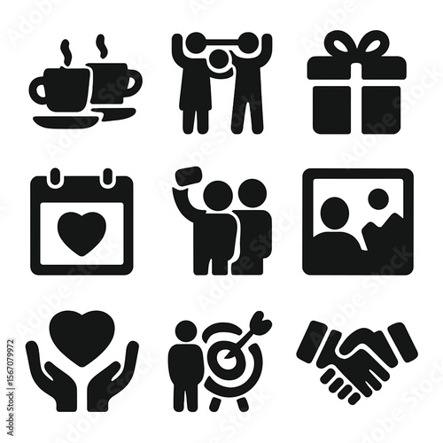 Relationship Building Icons. Solid, Filled icon set of relationship building: coffee cup meeting, shared activity icon, gift box,