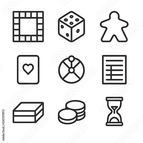 Board Game Icon Set. Outline icon set of classic board game elements: game board, dice, meeple figurine, playing card, spinner,