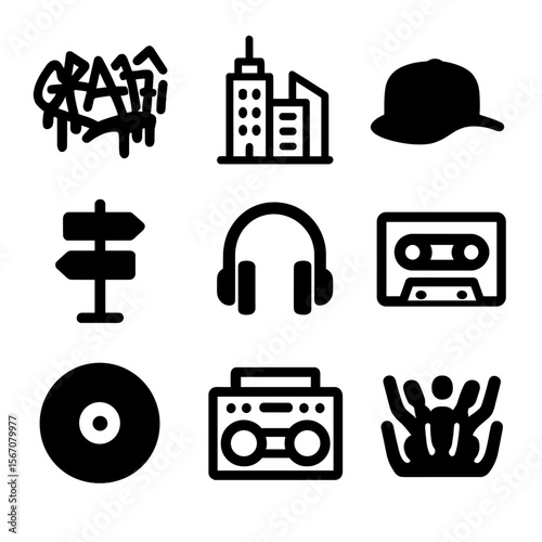 Freestyle Dance Icons. Solid, filled icon set of freestyle dance culture: graffiti, urban skyline, hip hop hat, street sign,