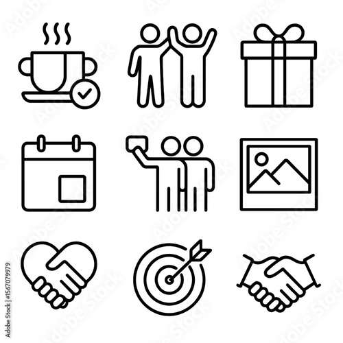 Relationship Icons Grid. Outline icon set of relationship building: coffee cup meeting, shared activity icon, gift box, calendar