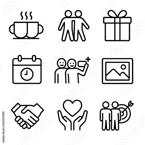 Relationship Icons Grid. Outline icon set of relationship building: coffee cup meeting, shared activity icon, gift box, calendar