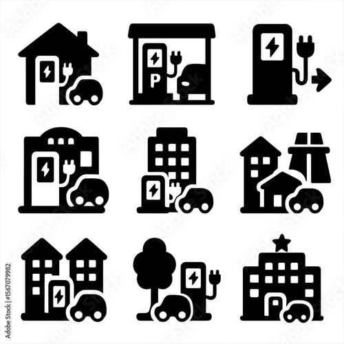 EV Charging Icons. Solid, filled icon set of EV charging locations: home garage, parking lot, roadside station, mall parking,