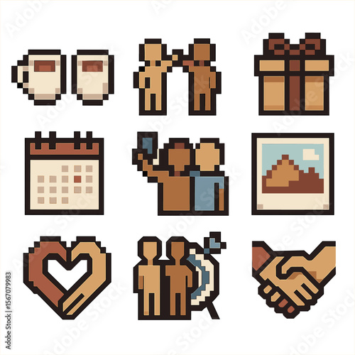 Relationship Icon Set. Pixel art icon set of relationship building: coffee cup meeting, shared activity icon, gift box, calendar