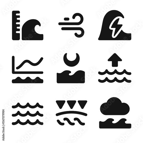 Weather Icons Grid. Solid, filled icon set of weather and wave conditions: wave height gauge, wind gust, storm wave, tide chart,