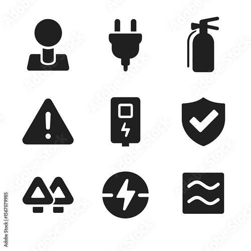 EV Safety Icon Set. Solid, filled icon set of EV station safety features: emergency stop, grounding plug, fire extinguisher,