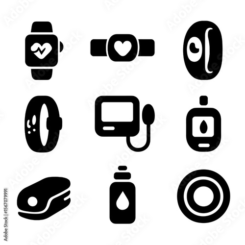 Wearable Health Devices Icons. Solid, filled icon set of wearable health devices: smartwatch, heart rate monitor, sleep tracker,