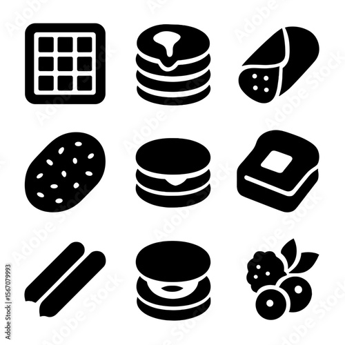 Frozen Breakfast Icons. Solid, filled icon set of frozen breakfast foods: waffles, pancakes, breakfast burrito, hash browns,