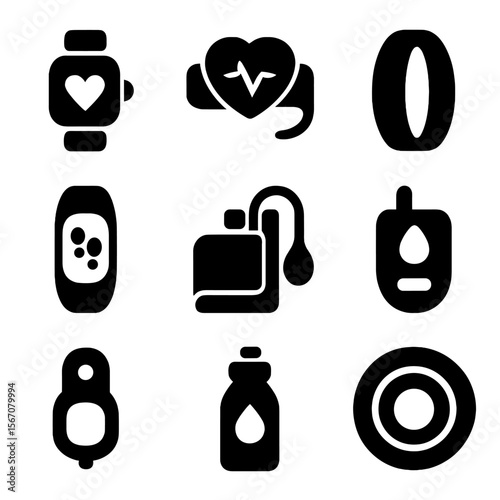 Wearable Health Devices Icons. Solid, filled icon set of wearable health devices: smartwatch, heart rate monitor, sleep tracker,