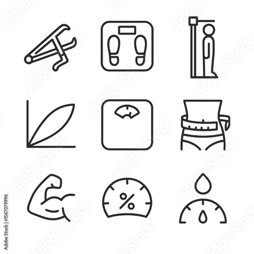 Body Analysis Icon Set. Outline icon set of body composition analysis: skinfold caliper, bioelectrical impedance scale, BMI chart,