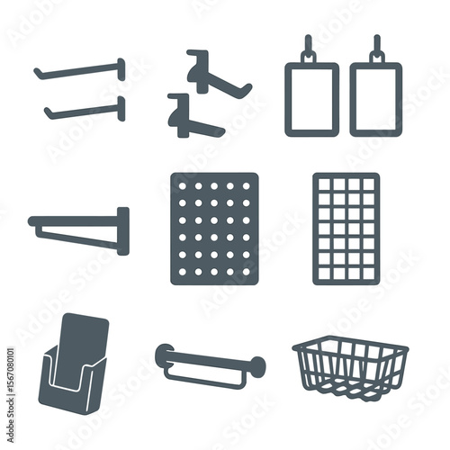 Retail Display Icons. Flat icon set of retail vertical display: slatwall hooks, shelf brackets, hanging sign frames, display rails