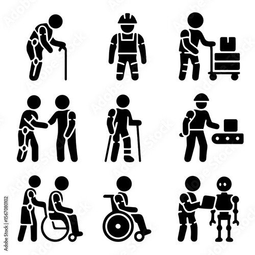 Exoskeleton User Icons. Solid, filled icon set of Exoskeleton users and beneficiaries: elderly person, construction worker,