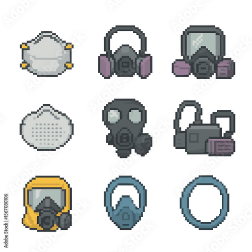 Respiratory Protection Icons. Pixel art icon set of respiratory protection: N95 mask, half-face respirator, full-face respirator,